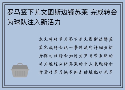 罗马签下尤文图斯边锋苏莱 完成转会为球队注入新活力