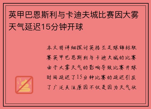 英甲巴恩斯利与卡迪夫城比赛因大雾天气延迟15分钟开球
